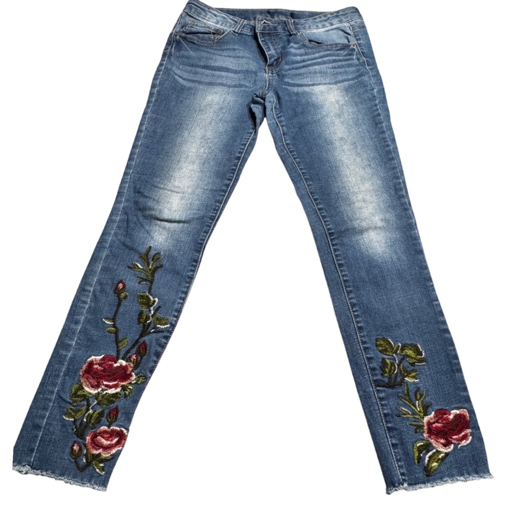 Imperial Star Floral Embroidered Jeans Womens 27 Medium Wash‎ Rose Raw Hem Slim